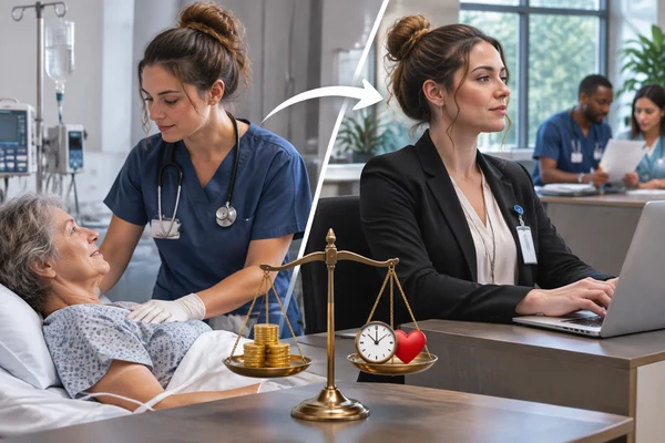 A split image showing a nurse caring for a patient at the bedside and the same nurse in a blazer working at a desk.