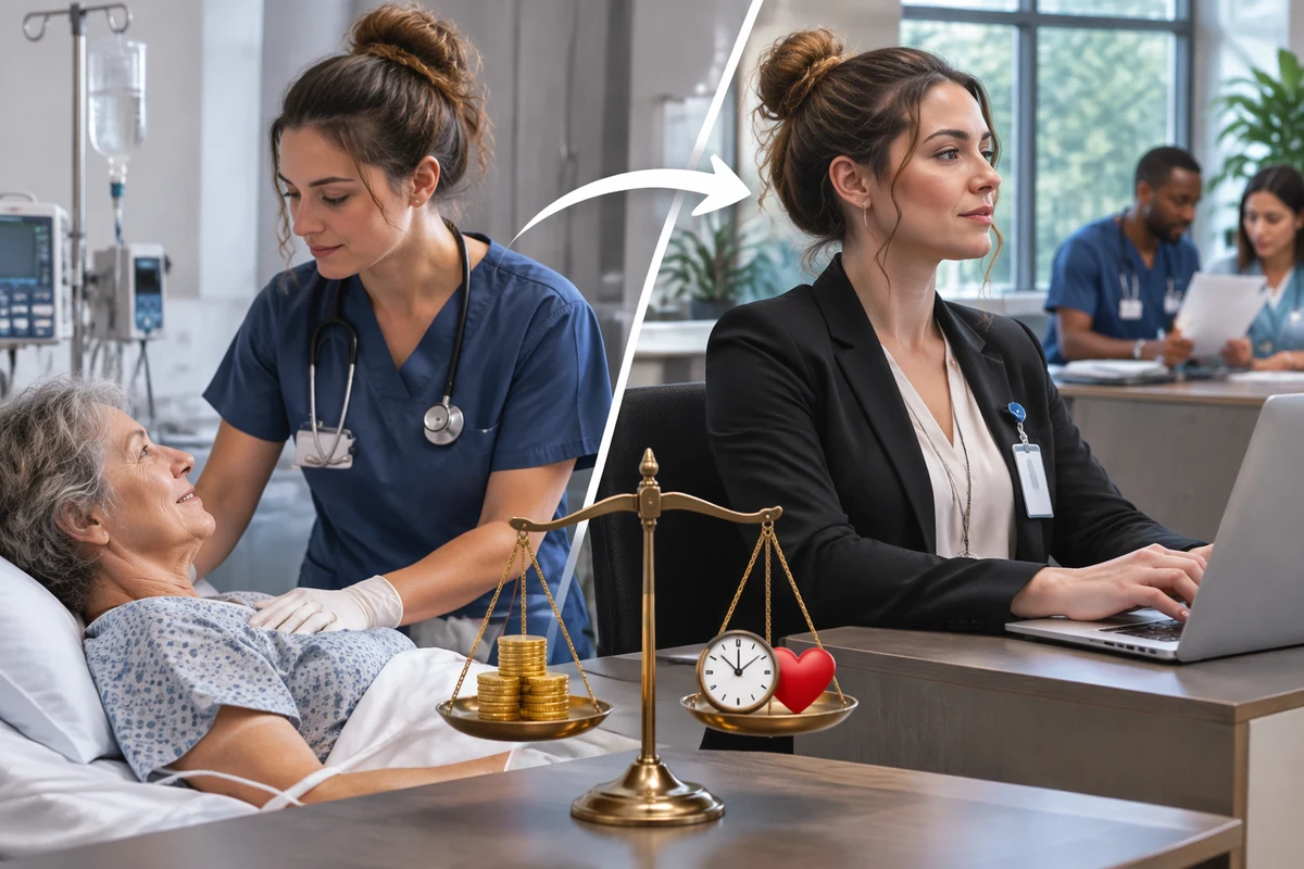 A split image showing a nurse caring for a patient at the bedside and the same nurse in a blazer working at a desk.