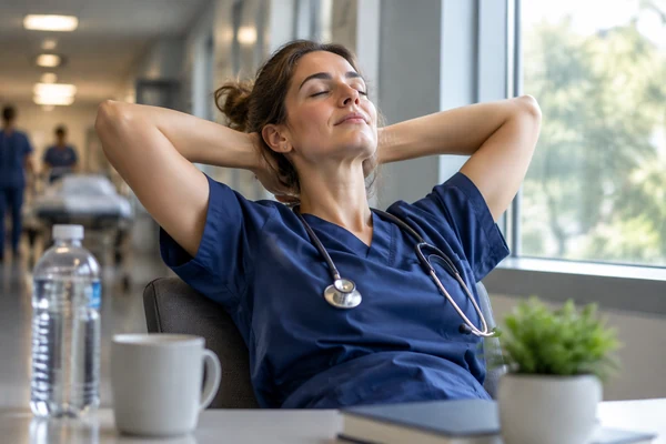 A nurse sitting back with her eyes closed and hands behind her head, taking a break in a bright hospital corridor.