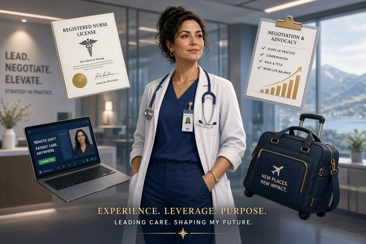A nurse in a modern hospital setting, with visual references to licensure, negotiation, remote work and travel assignments.