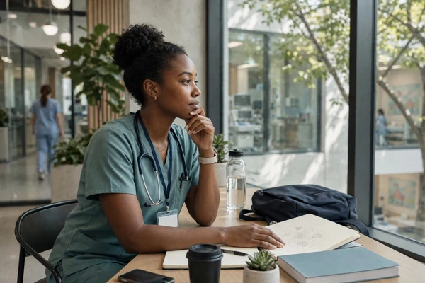 A nurse sitting at a table with an open notebook of hand-drawn diagrams, looking off to one side.