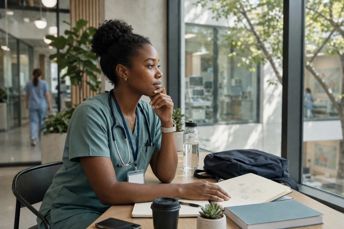 A nurse sitting at a table with an open notebook of hand-drawn diagrams, looking off to one side.