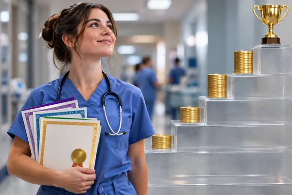 A nurse in scrubs holding a stack of framed certificates, looking up at a glass staircase topped with stacks of gold coins and a trophy.