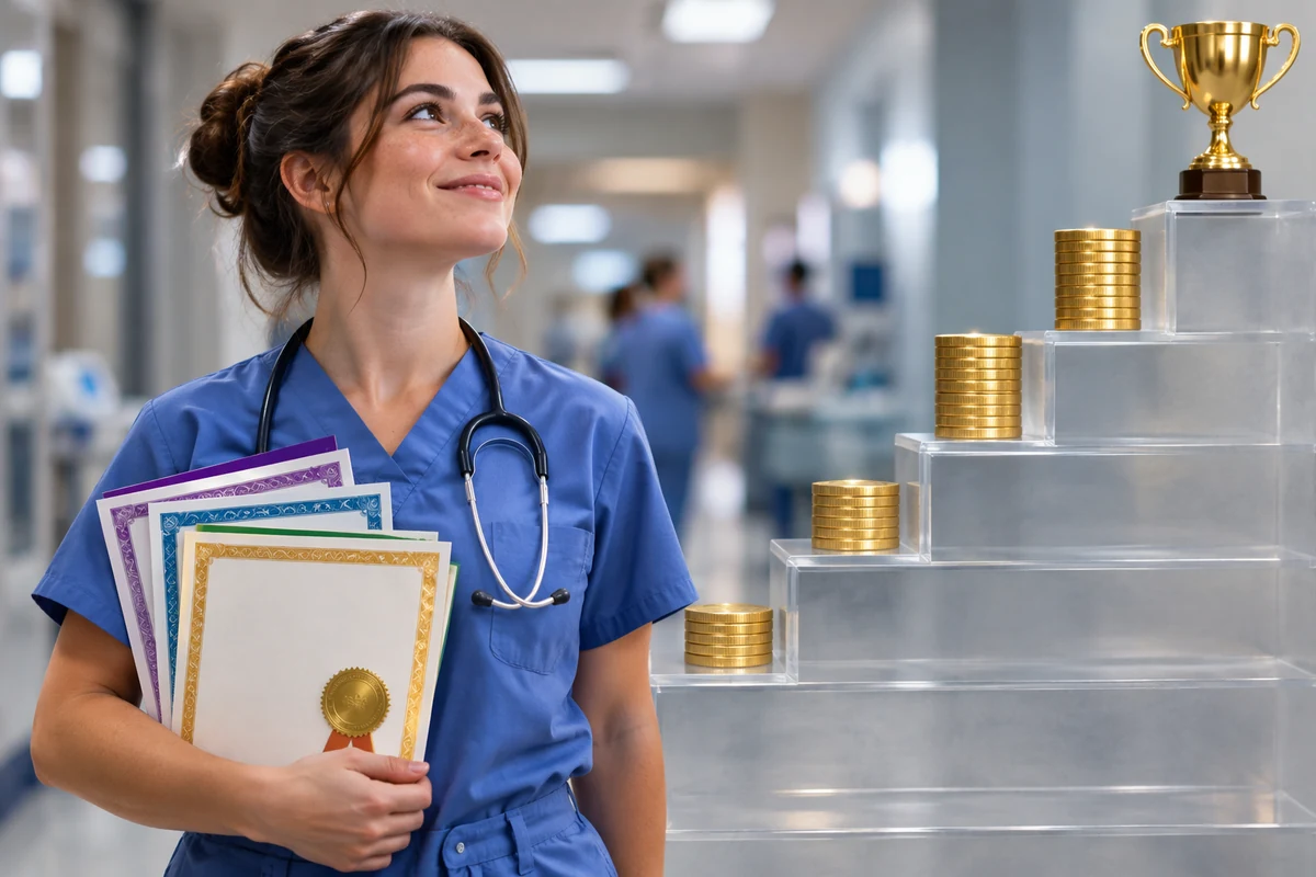 A nurse in scrubs holding a stack of framed certificates, looking up at a glass staircase topped with stacks of gold coins and a trophy.