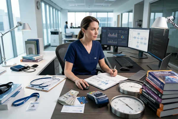 A nurse in navy scrubs working at a desk with clinical notebooks, a stethoscope and two monitors showing dashboards and workflow diagrams