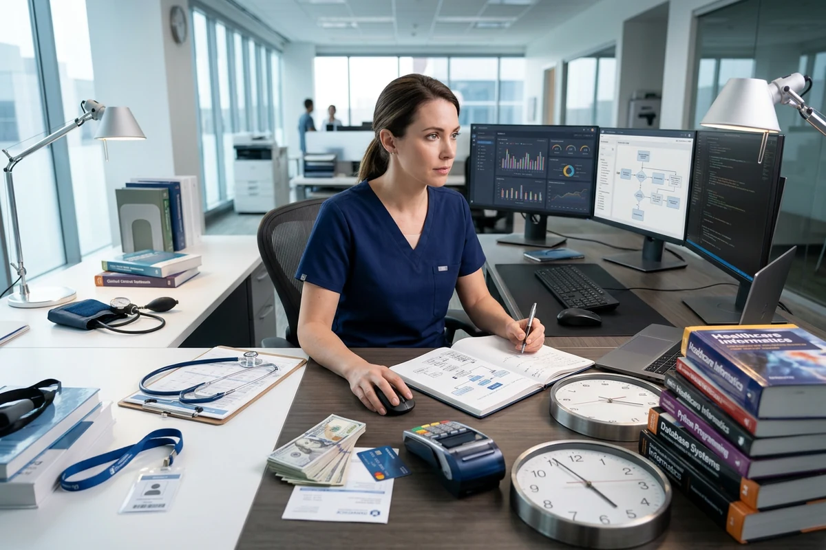 A nurse in navy scrubs working at a desk with clinical notebooks, a stethoscope and two monitors showing dashboards and workflow diagrams