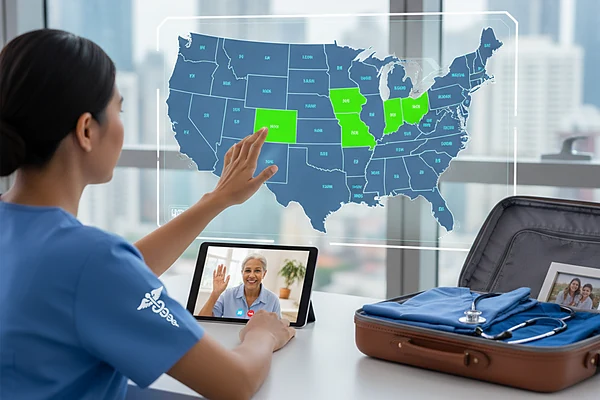 A nurse in blue scrubs pointing at a projected map of the United States with several states highlighted, a tablet showing a video call and an open packed suitcase on the desk beside her
