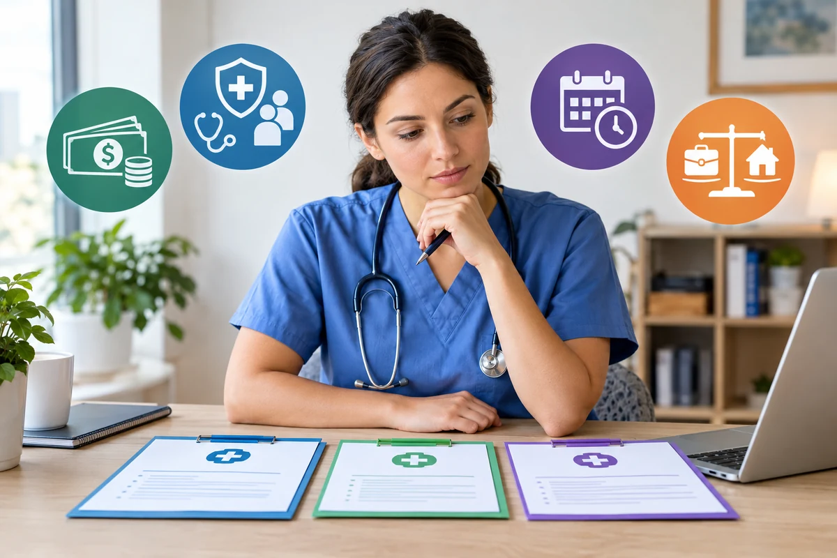 A nurse with her arms folded behind three differently coloured clipboards on a desk, weighing several offers.