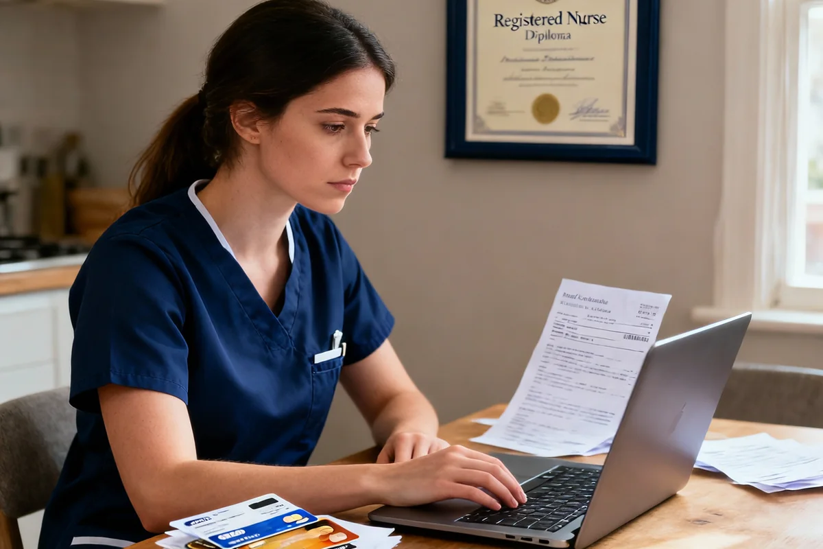 A nurse in navy scrubs at a kitchen table with a laptop, a stack of credit cards and papers, and a framed Registered Nurse diploma behind her