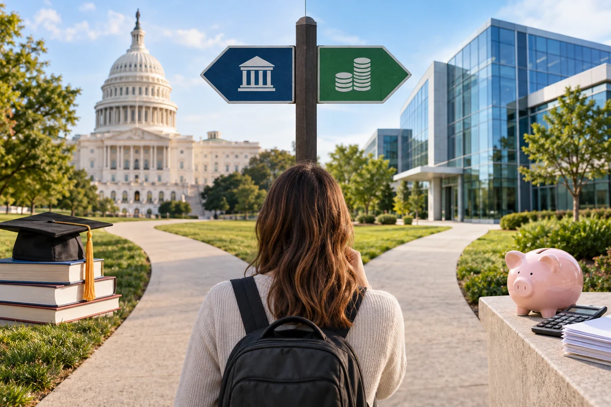 A person with a backpack seen from behind at a fork in a path, one route toward a domed government building and the other toward a glass office tower, with stacked books and a piggy bank nearby.