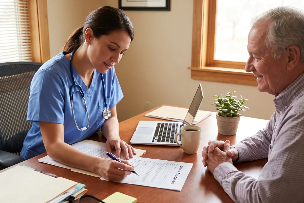 A nurse in scrubs reading a printed Offer of Employment form with a practice manager across a desk, pen in hand.