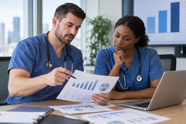 Two nurses in blue scrubs reviewing printed pay and staffing charts together at a desk, with a laptop and a wall screen showing bar graphs behind them