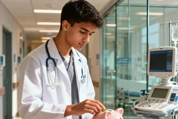 A young clinician in a white coat and stethoscope placing a coin into a piggy bank on a hospital table, with a calculator and stacked coins beside it.