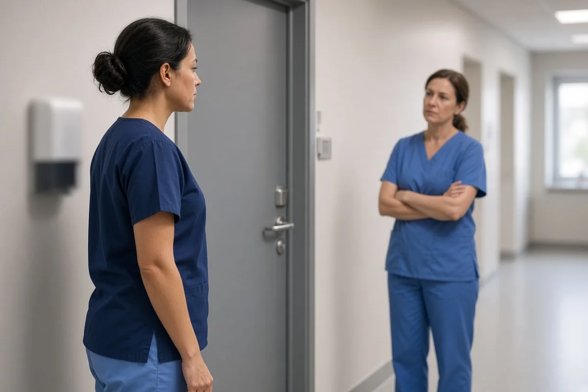 Two nurses in scrubs standing in a hospital corridor, one facing a closed grey door and the other watching her with arms folded