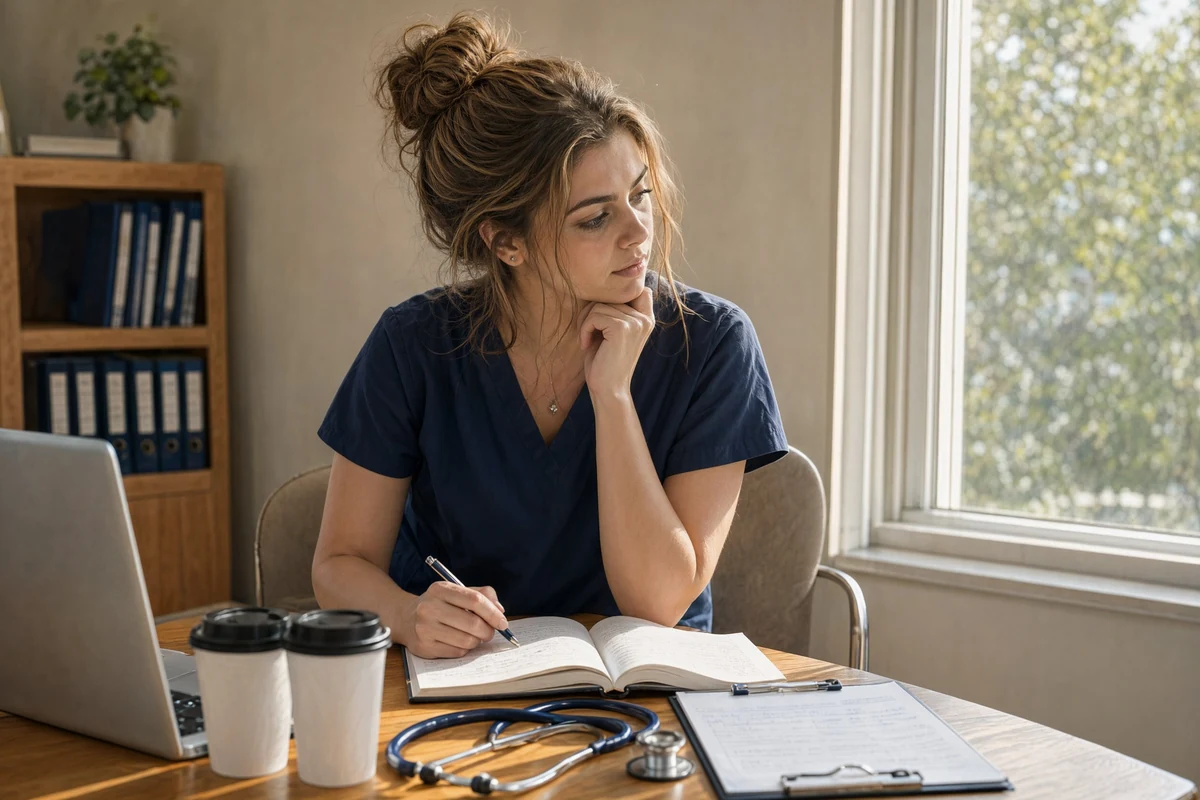 A nurse in navy scrubs at a desk with an open notebook, laptop and stethoscope, weighing a decision