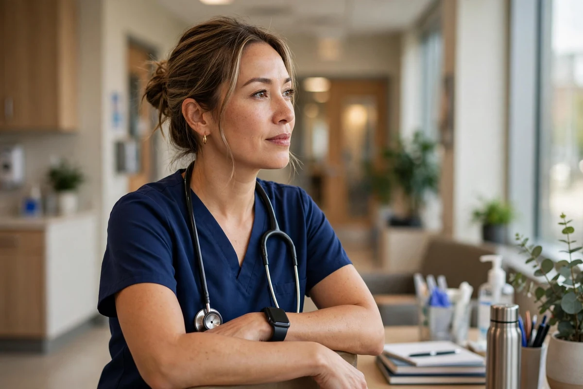 A nurse in scrubs leaning on a desk, looking thoughtfully away from the camera in a bright clinical workspace.