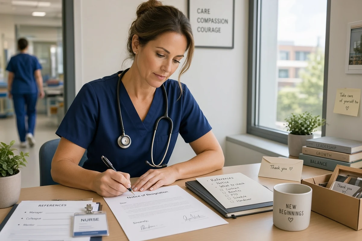 A nurse in navy scrubs signing a notice of resignation at a desk, with a references page and a checklist of notice, contract, benefits and handover beside her