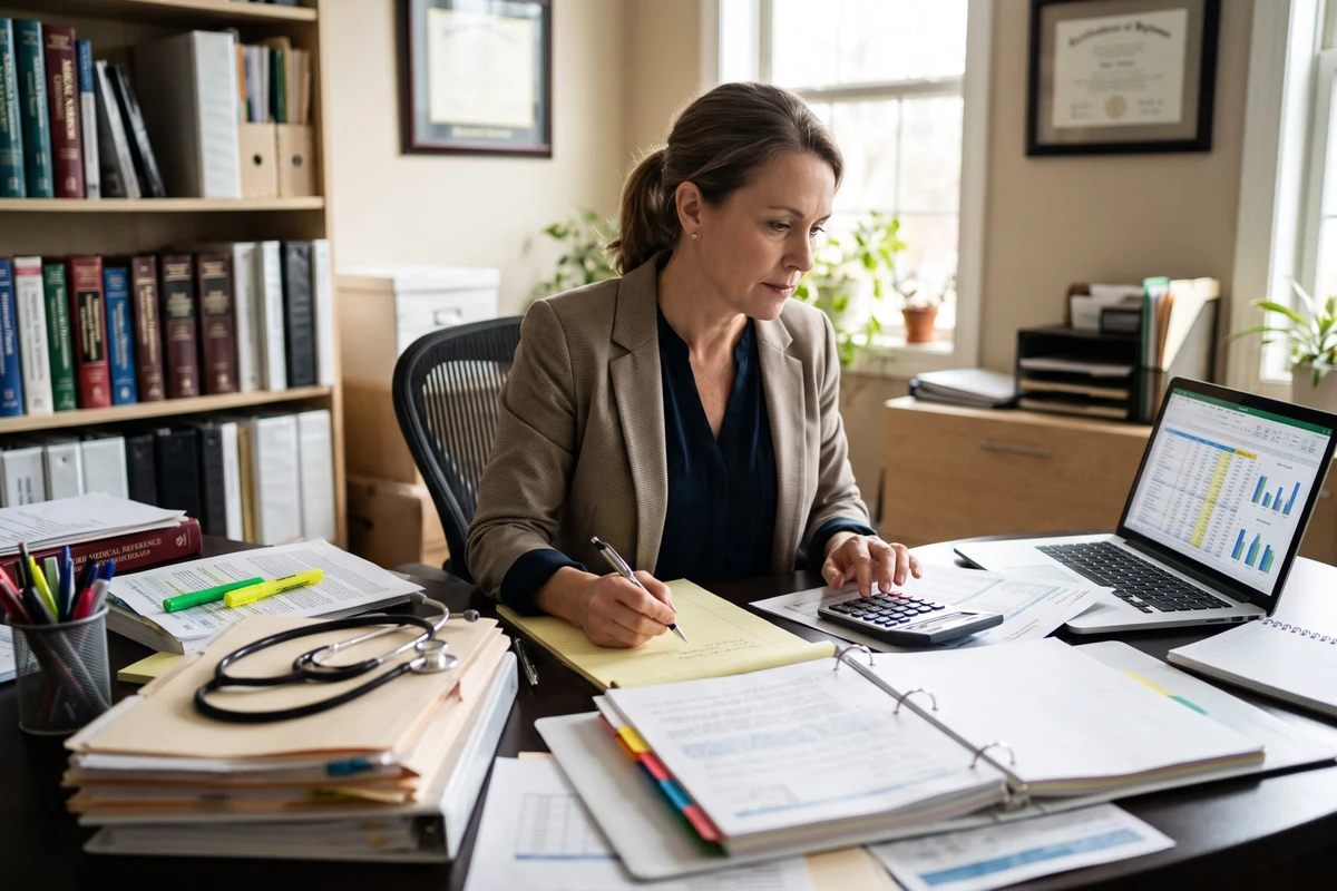 A consultant in a blazer working through a thick binder of records at a desk, with a calculator, laptop and reference books beside her
