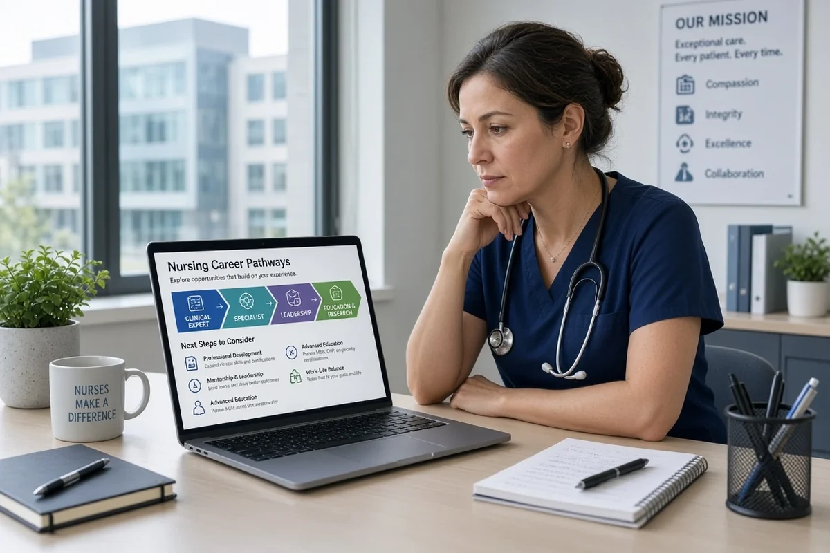 An experienced nurse at a desk reviewing nursing career pathway options on a laptop.