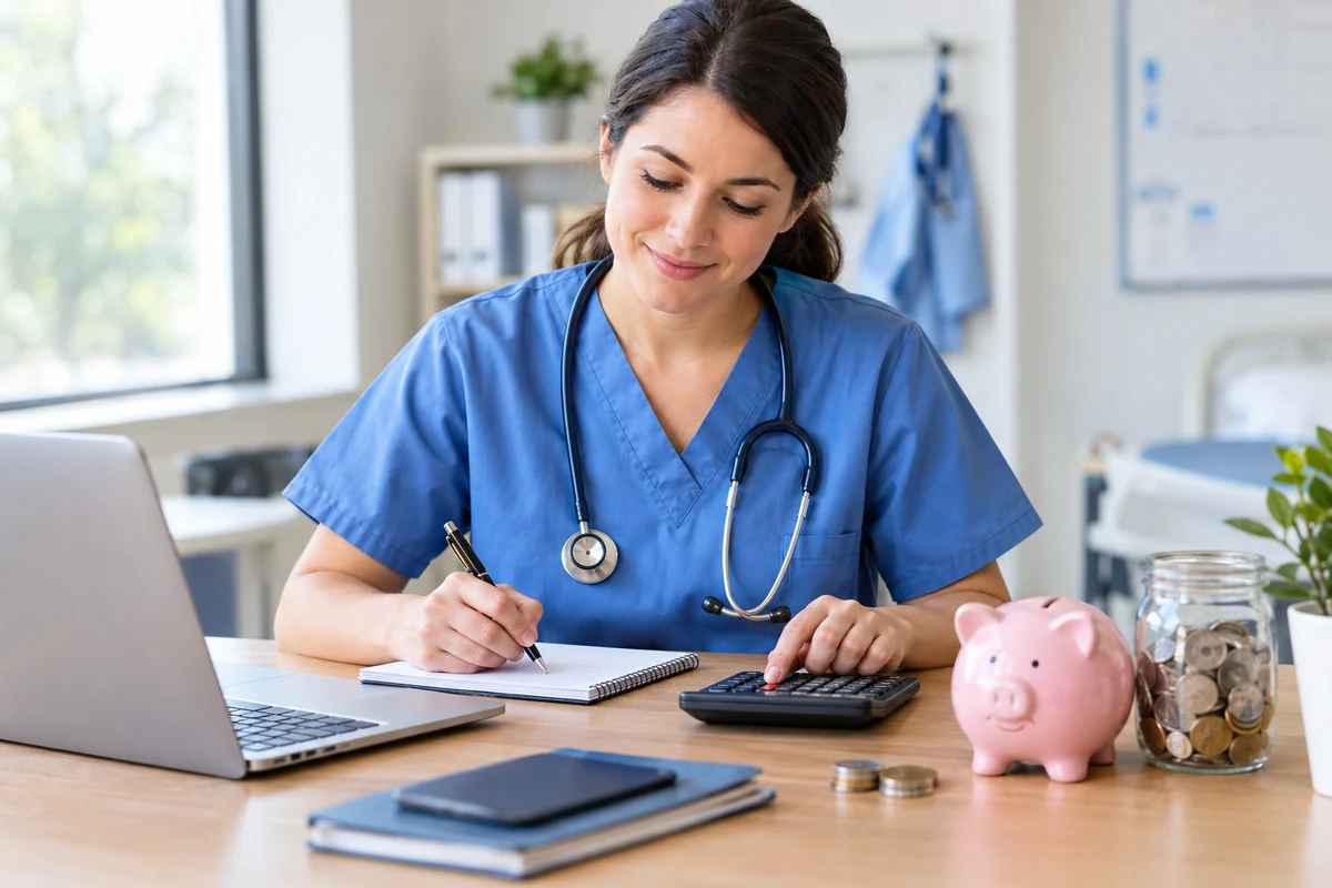 A nurse in blue scrubs writing in a notebook beside a laptop, a calculator, a piggy bank and a jar of coins