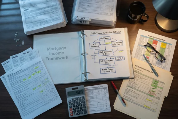 An open binder titled Mortgage Income Framework on a desk with paystubs, tax forms, a W-2, a calculator and reading glasses