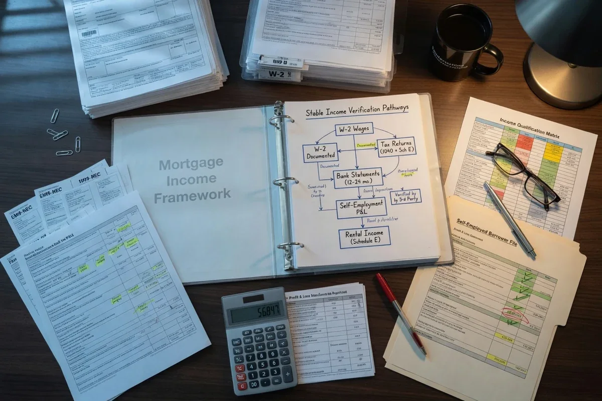 An open binder titled Mortgage Income Framework on a desk with paystubs, tax forms, a W-2, a calculator and reading glasses