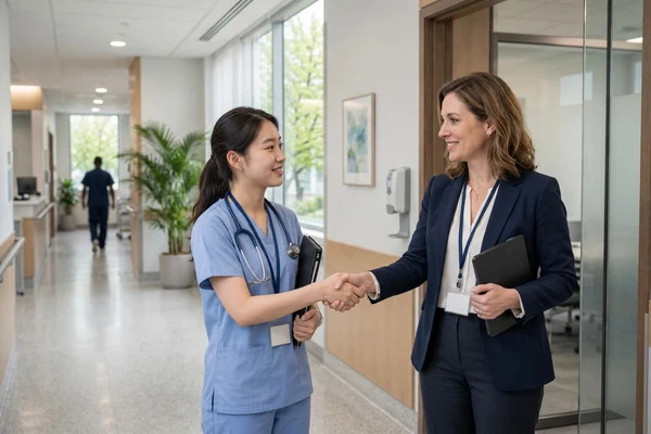 A new graduate nurse in scrubs shaking hands with a nurse manager in a hospital corridor.