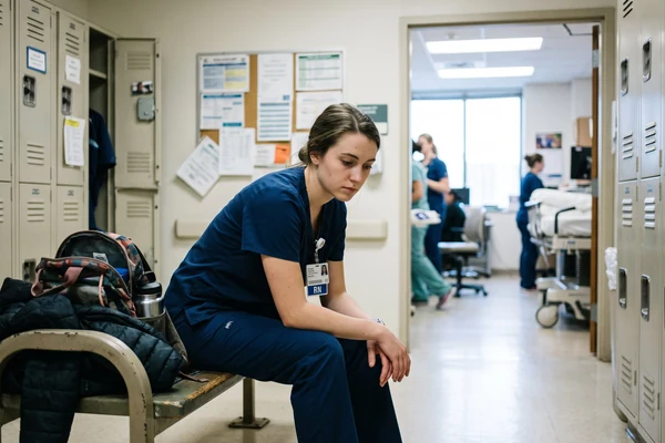 A young nurse in scrubs sitting alone on a bench in a staff locker room, head lowered.