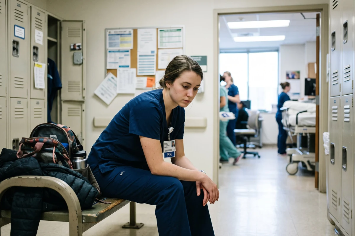 A young nurse in scrubs sitting alone on a bench in a staff locker room, head lowered.