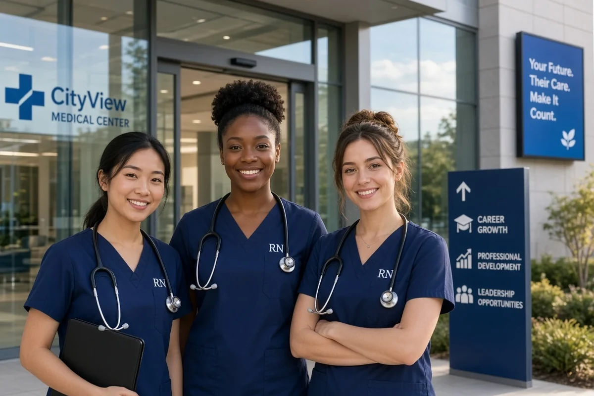 Three new graduate nurses in scrubs standing together outside a hospital entrance.