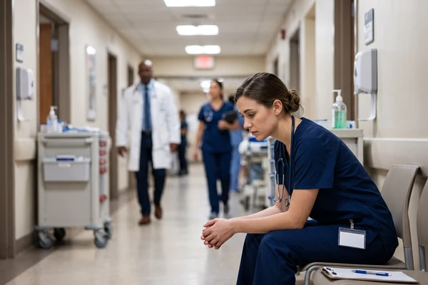 A nurse in scrubs sitting alone on a chair in a hospital corridor, stethoscope around her neck, head lowered.