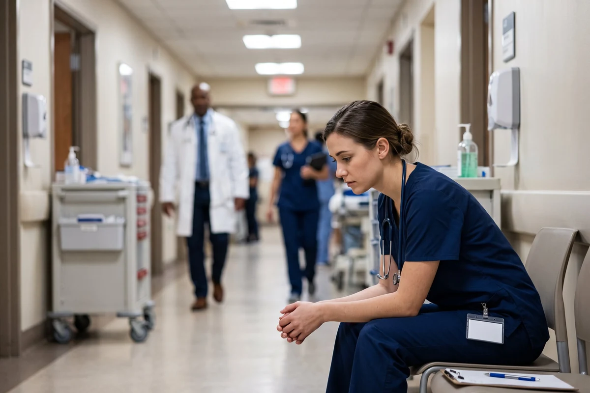 A nurse in scrubs sitting alone on a chair in a hospital corridor, stethoscope around her neck, head lowered.