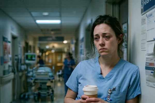 A nurse in scrubs leaning against a hospital corridor wall at night, holding a coffee cup, looking exhausted.