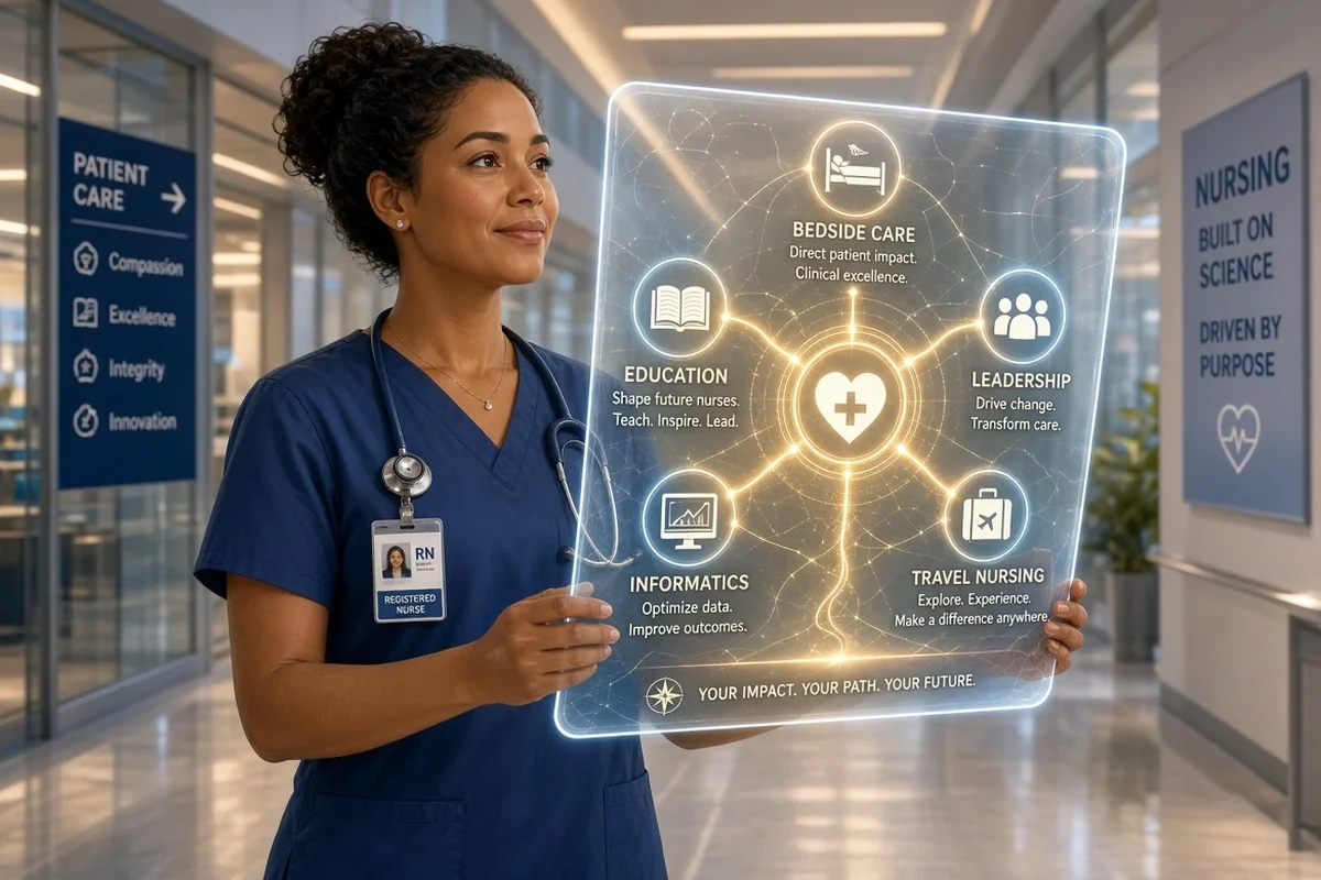 A nurse holding a glowing diagram of nursing career directions: bedside care, education, leadership, informatics and travel nursing.