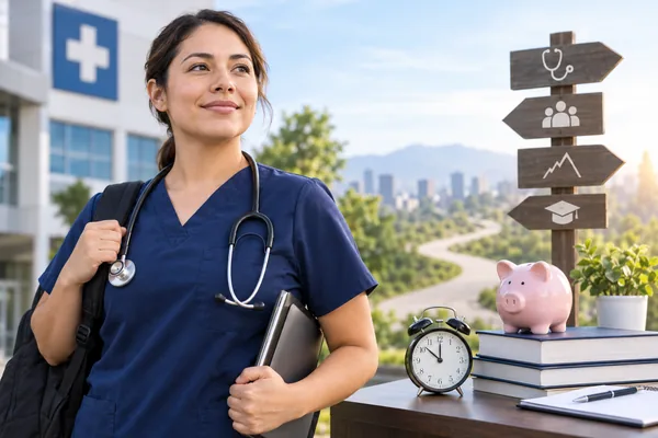 A nurse in navy scrubs with a stethoscope and backpack stands outside a hospital, beside a direction sign, an alarm clock, a piggy bank on stacked books, and a notebook