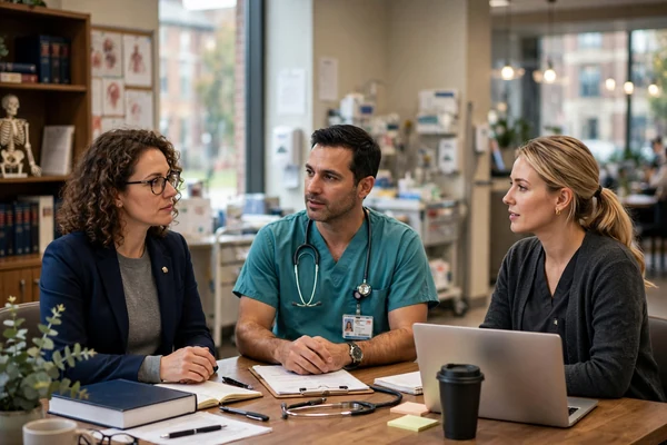 Three colleagues in discussion around a table, one in scrubs and two in professional dress, with notes and a laptop between them.