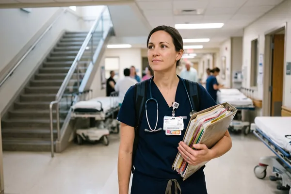 A nurse in navy scrubs with a stethoscope holding a thick stack of folders in a hospital corridor, with a staircase behind her and beds along the wall