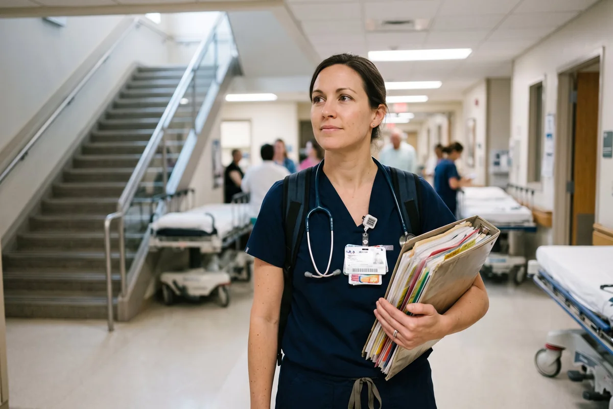 A nurse in navy scrubs with a stethoscope holding a thick stack of folders in a hospital corridor, with a staircase behind her and beds along the wall