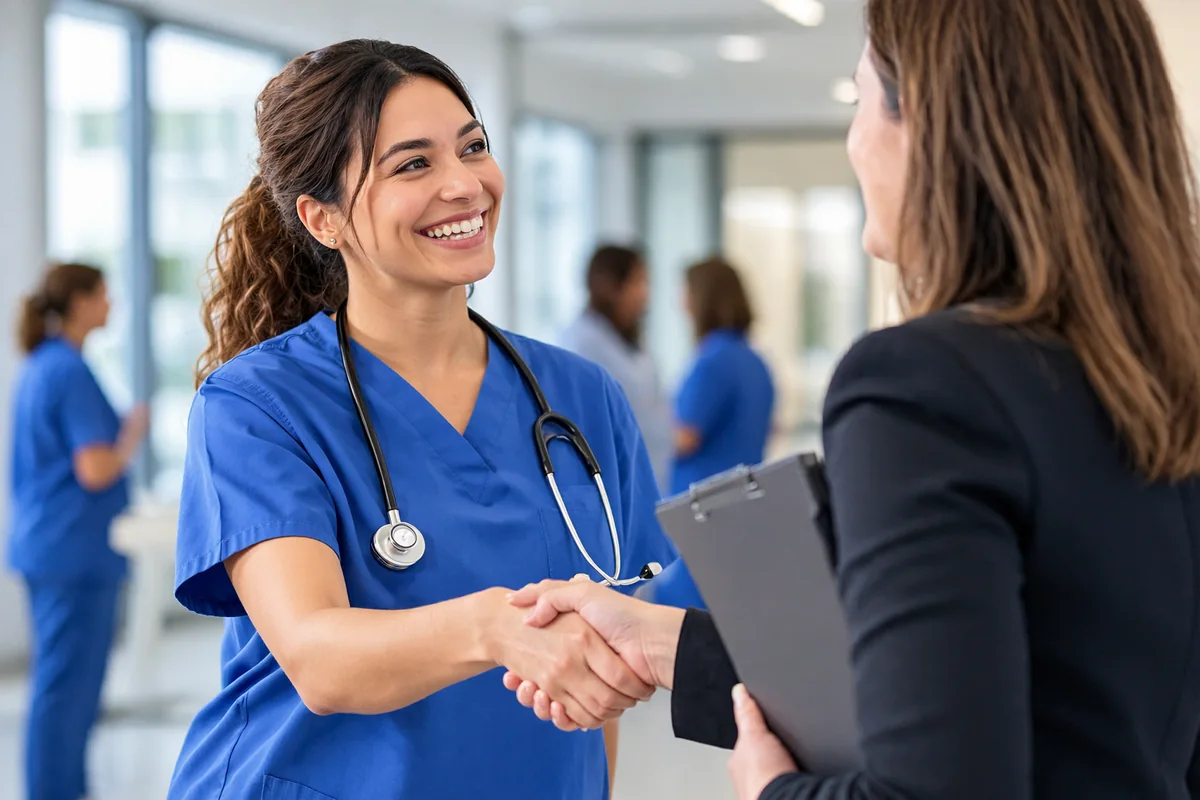 A nurse in blue scrubs with a stethoscope shaking hands with a person in a dark blazer holding a clipboard in a hospital corridor