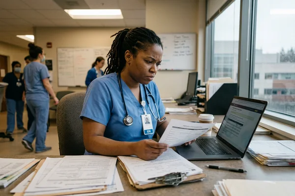 A nurse in blue scrubs wearing an RN badge sits at a desk reading a printed document beside an open laptop, with colleagues and patient charts behind her.