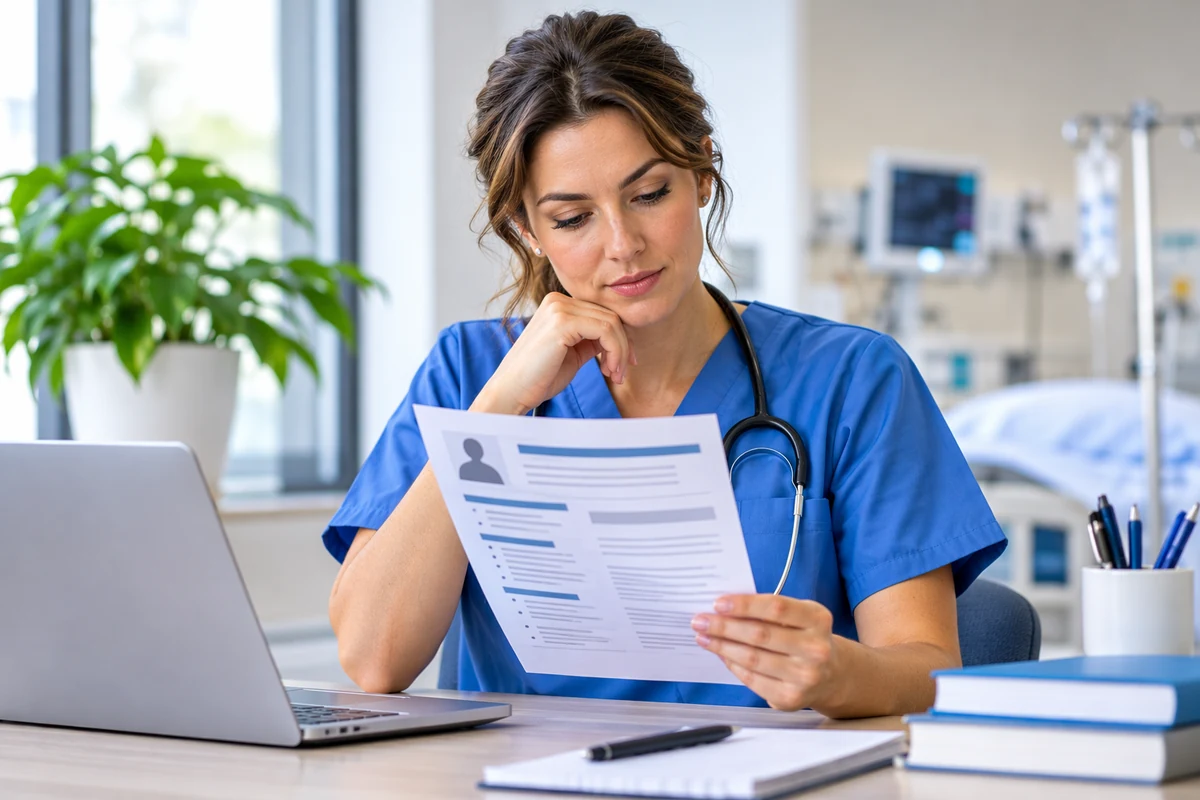 A nurse reviewing a printed resume at a desk beside an open laptop.