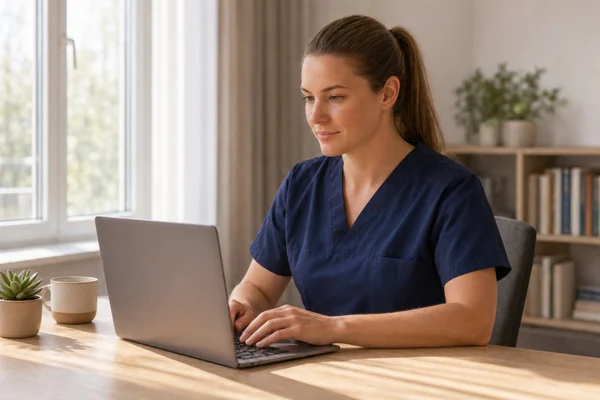 A nurse in navy scrubs working on a laptop at a sunlit desk at home, a mug and a small plant beside her
