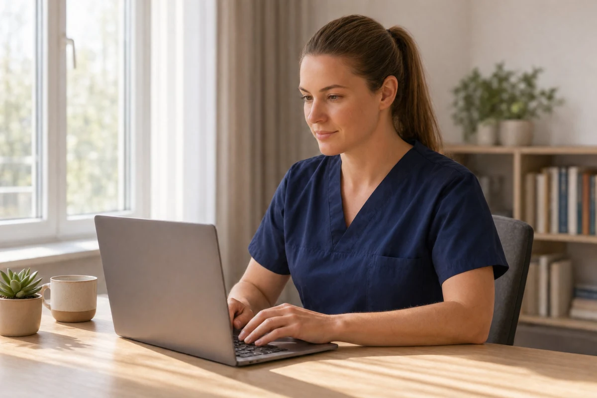 A nurse in navy scrubs working on a laptop at a sunlit desk at home, a mug and a small plant beside her