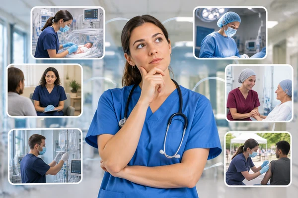 A nurse in scrubs with a stethoscope, hand on chin, considering several panels showing different nursing settings.