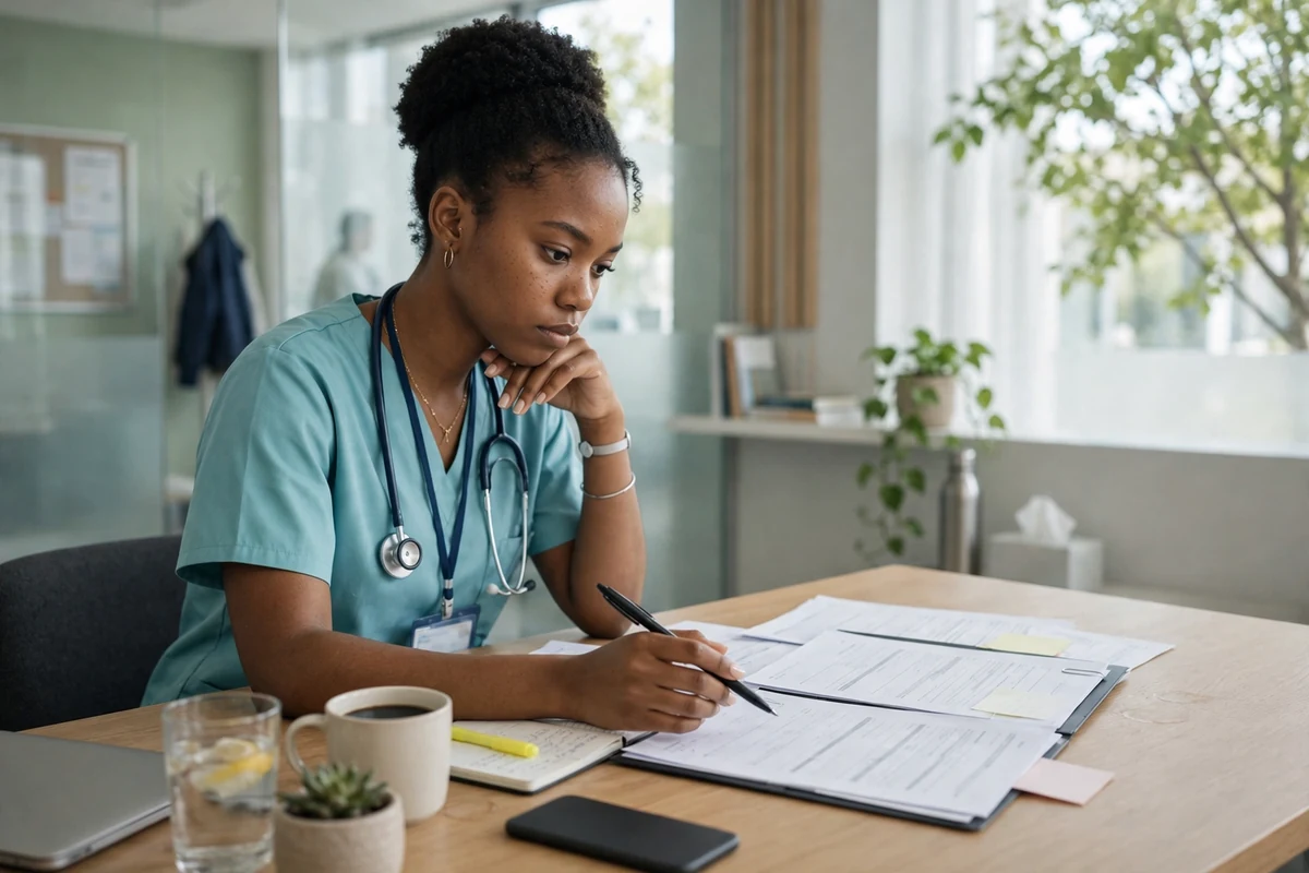 A nurse reading a multi-page contract at a desk, pen in hand, with a coffee cup alongside.