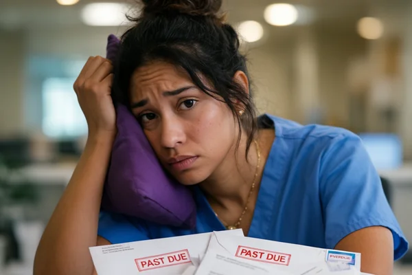 A nurse in blue scrubs resting her head against a purple cushion beside a pile of envelopes stamped past due and overdue.