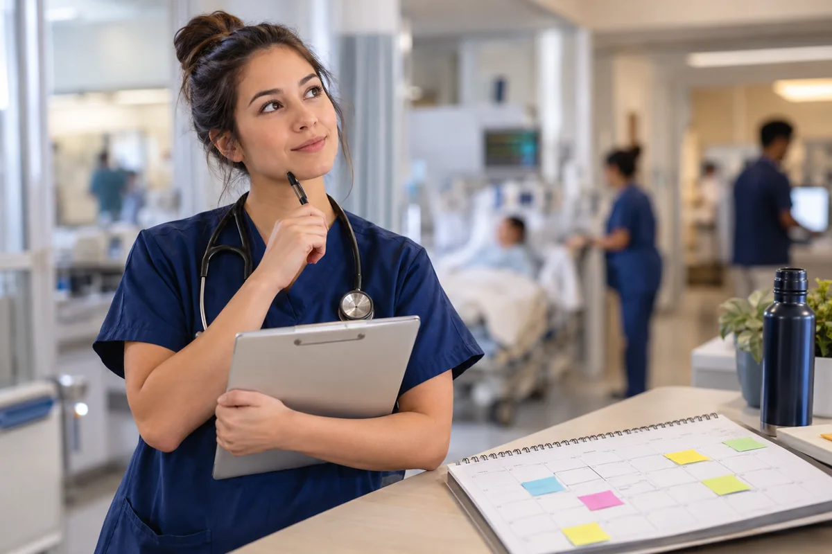 A nurse in scrubs holding a clipboard beside a large paper calendar marked with colored sticky notes.