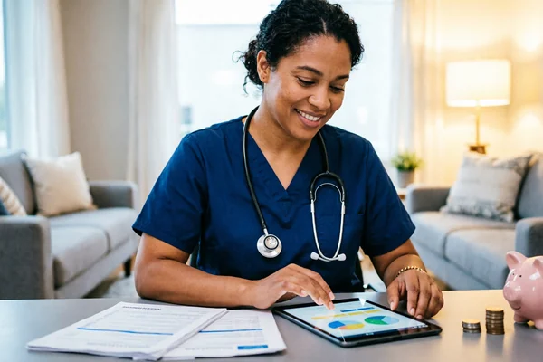 A nurse in navy scrubs at home reviewing loan paperwork on a tablet, a piggy bank and coins beside her