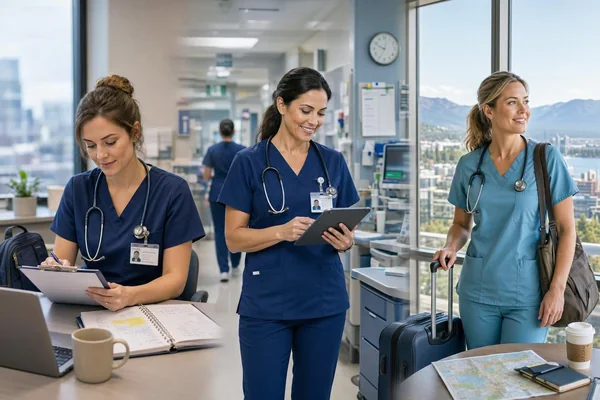 Three nurses in scrubs in a hospital corridor: one writing at a desk with a clipboard and laptop, one holding a tablet, and one walking with a stethoscope and rolling suitcase beside a map.
