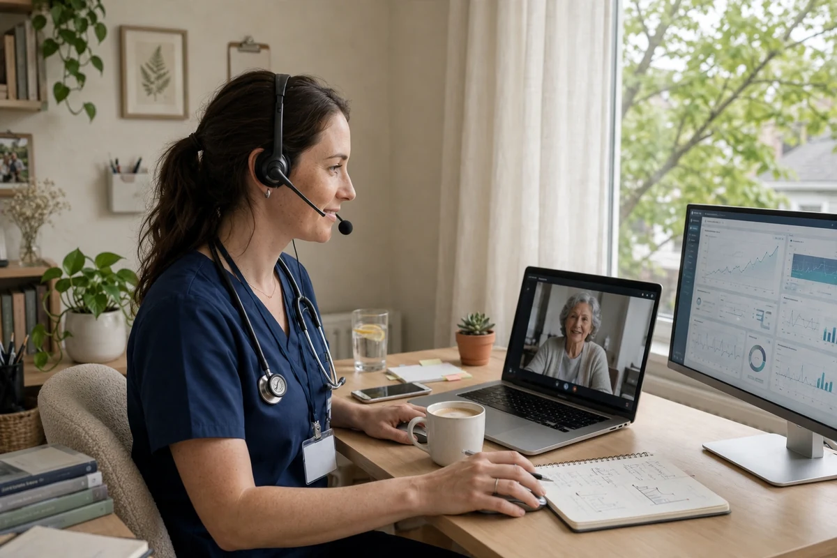 A nurse in scrubs and a headset at a home desk, speaking on a video call while charts display on a second monitor.